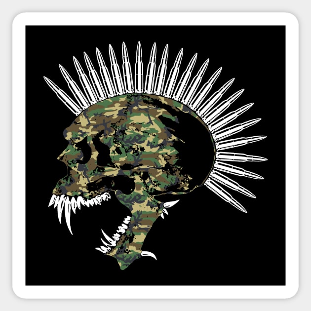 Bullet Head Mohawk Skull in Camouflage Sticker by RawSunArt